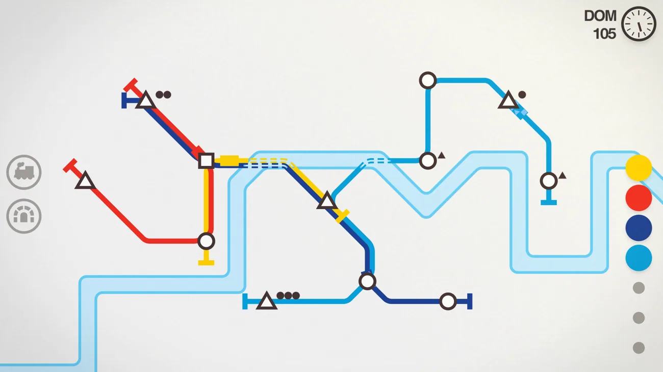 Mapa esquemático de uma rede de metro do jogo Mini Metro, tratado como planta técnica azul
